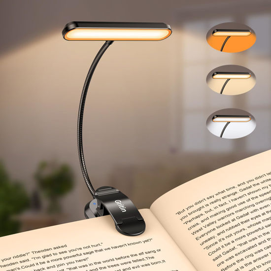 Picture of Gritin Rechargeable Book Light for Reading in Bed with 19 LED &Memory Function-Eye Caring 3 Color Temperatures,5 Brightness Levels,80 Hrs Runtime Flexible Goose Neck Clip on Light for Book Lovers
