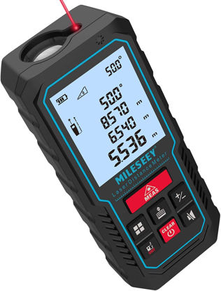 Picture of Laser Measure Device, MiLESEEY 229ft Digital Laser Tape Measure with Upgrade Electronic Angle Sensor, ±2mm Accuracy, Area Measurement,Volume and Pythagoras, 2" LCD Backlit,Mute, Battery Included