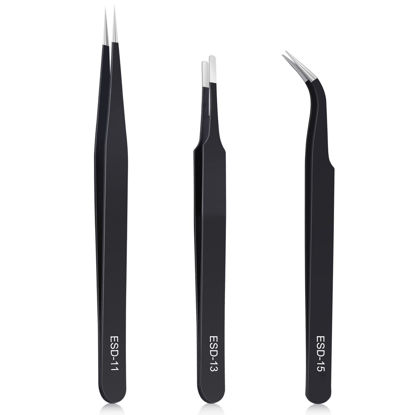 Picture of kaverme 3PCS Precision Tweezers Set, Upgraded Anti-Static Stainless Steel of Tweezers, for Electronics, Soldering, Laboratory Work, Jewelry-Making, Model, Craft
