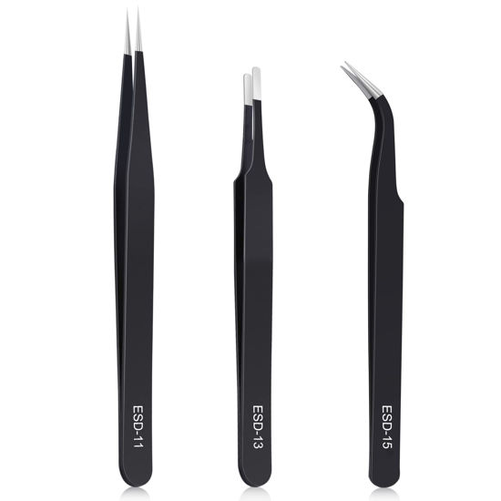 Picture of kaverme 3PCS Precision Tweezers Set, Upgraded Anti-Static Stainless Steel of Tweezers, for Electronics, Soldering, Laboratory Work, Jewelry-Making, Model, Craft