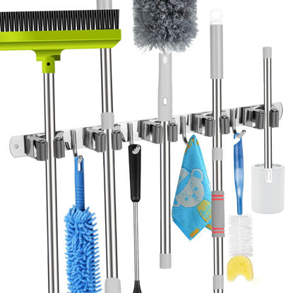 Picture of voze 5 Racks and 4 Hooks Mop and Broom Holder Wall Mount, Self Adhesive Heavy Duty Broom Hanger Organizer Storage Tool Racks for Kitchen Garden Laundry Garage