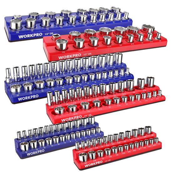 Picture of WORKPRO Magnetic Socket Organizer Set, 6-Piece Socket Holder Set Includes 1/4", 3/8", 1/2" Drive Metric SAE Socket Trays, Holds 143 Pieces Standard Size and Deep Size Sockets(Socket not Included)