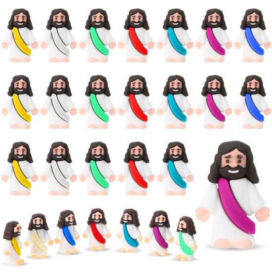 Picture of Bememo 25 Pcs Little Jesus Figures Original Design Mini Rubber Jesus Toys to Hide and Seek Religious Party Favors Sunday School Baptism Gifts(Multicolor)