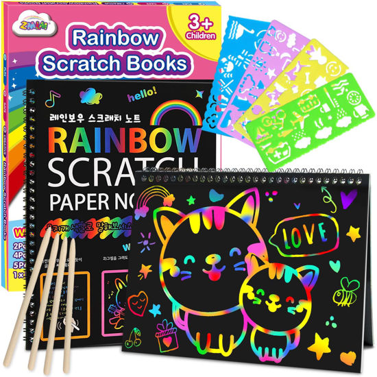 Picture of ZMLM Scratch Paper Art-Crafts Gift: 2 Pack Rainbow Notebooks Supplies Toys for 3 4 5 6 7 8 9 10 Years Old Girls and Boys Kids Valentines Day Gifts Birthday Party Games Easter Basket Stuffers (Pink)