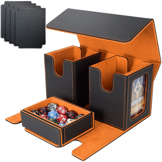 Picture of AFIING MTG Commander Card Storage Box - Fits 200 Double Sleeved Cards,3-in-1Card Deck Case,Strong Magnet Card Organizer For Magic Commander TCG CCG,4Dividers &2 Toploaders, Black/orange