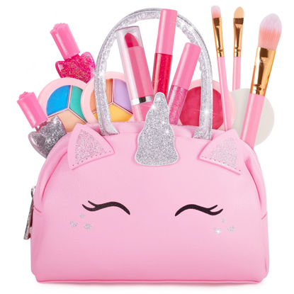 Picture of Kids Real Makeup Kit for Girls with Pink Unicorn Purse - Non-Toxic Washable Make Up Toy - Valentines Day Gift for Kids Toddlers Young Children Ages 3 4 5 6 7 8 9 10 Years Old - Pretend Play Vanity Set