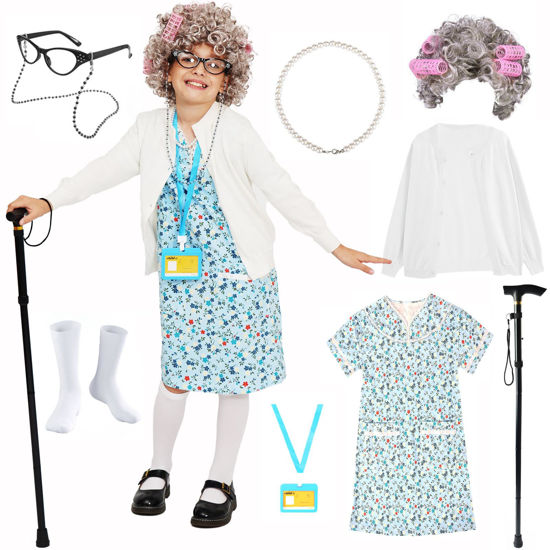 Picture of FAYBOX Old Lady Costume for Kids,Old Lady Wig 100 Days of School Costume for Girls, Granny Glasses Grandma Dress Up