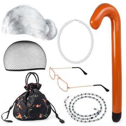 Picture of Yewong Old Lady Costume Set - Grandmother Wig,Costume Glasses,Wig Caps, Pearl Necklace, Glass Chain, Inflatable Cane, Handbag (White)