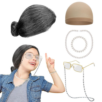 Picture of Huskein Old Lady Costume for Kids Women, 100 Days of School Black White Bun Wig Glasses Wig Cap Pearl Necklace Bracelet Accessories