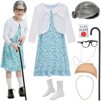 Picture of Z-Shop Old Lady Costume for Girls 100th Day of School Costume Grandma Granny Dress with Wig for Kids,6