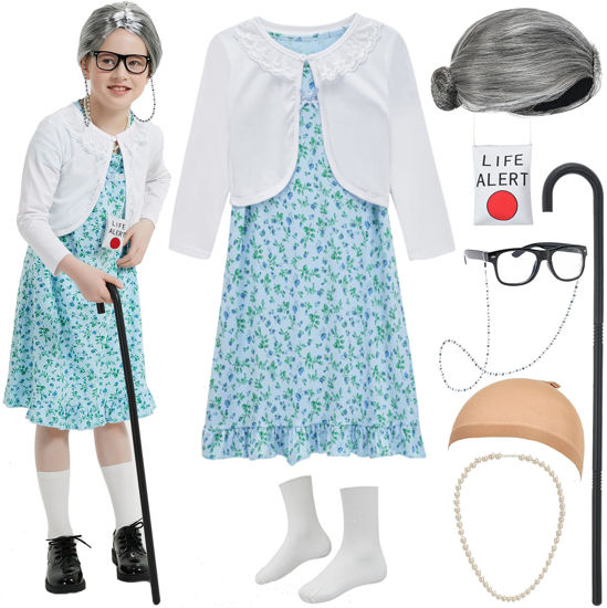 Picture of Z-Shop Old Lady Costume for Girls 100th Day of School Costume Grandma Granny Dress with Wig for Kids,6