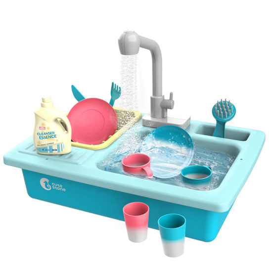 Picture of CUTE STONE Color Changing Kitchen Sink Toys, Children Electric Dishwasher Playing Toy with Running Water, Upgraded Faucet, Automatic Water Cycle System Play House Pretend Role Play Toys for Boys Girls