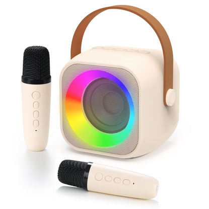 Picture of Jeefu Karaoke Machine for Kids, Toys for 3-12 Years Old Girls Gifts, Kids Karaoke Microphone Machine Toy, Best Fun Christmas Birthday Gifts for 5 6 7 8 9 10 11 Years Teens Girl Boys Beige 2 Mic
