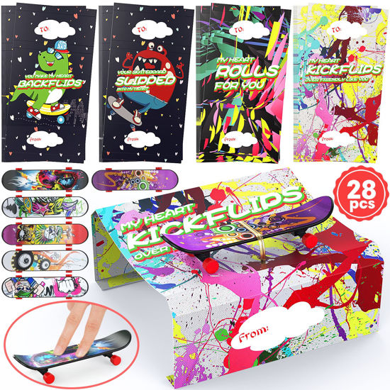 Picture of 28 Pack Valentines Day Gifts for Kids - Mini Finger Skateboard with Valentine's Day Greeting Cards for Kids, Fingerboard Skate Lovers Classroom Valentine's Party Favor, Exchange Prizes Gift