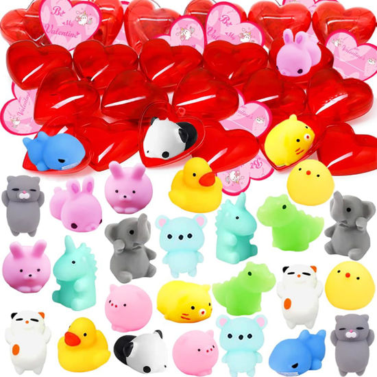 Picture of 28 Pcs Valentine Mochi Squishies Toys Filled Hearts with Valentines Day Cards for Kids, Kawaii Stress Relief Squishies Toy for Valentine's Party Favors Boys Girls Exchange Gifts Classroom Prizes