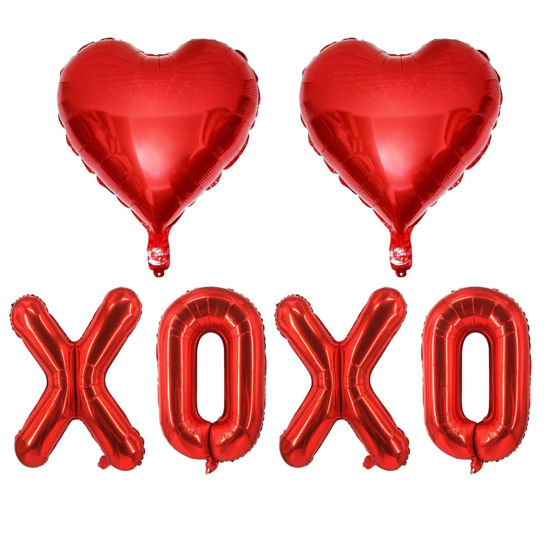 Picture of 6 Pcs Red Heart Shaped Balloons Red Letters XOXO Valentine Balloons for Valentines Day Bridal Shower Wedding Party Decorations