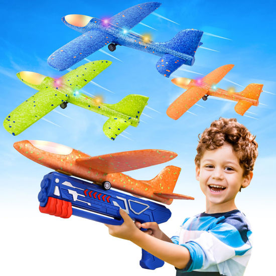 Picture of Fuwidvia 3 Pack Airplane Launcher Toys, 13.2'' LED Foam Glider Catapult Plane Toy for Boys, 2 Flight Modes Outdoor Flying Toys Birthday Gifts for Boys Girls 4 5 6 7 8 9 10 11 12 Year Old