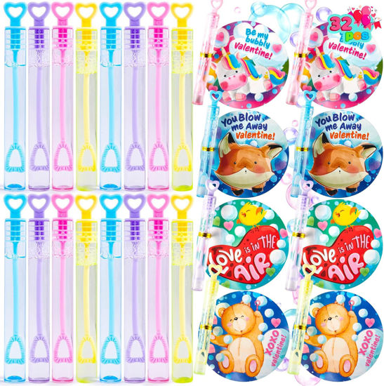 Picture of JOYIN 32 Pcs Valentines Day Gift Cards with Mini Bubble Maker Wands for Kids, Valentine Party Favor Toys, Valentine's Day Kids Classroom Exchange Prizes, Bubble Wands with Cards, Photo Prop Decor