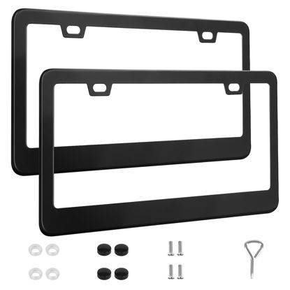 Picture of QUANQIUFEI 2 Pack License Plate Frames, Stainless Steel Car License Plate Cover Car Accessories with Screw Caps (Black)