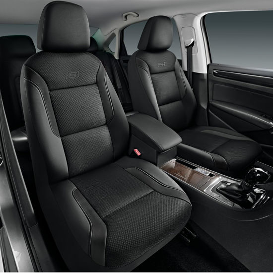 Picture of Skechers Memory Foam Leather Car Seat Covers, Air Cool Mesh Thick Seat Covers, Two Front car seat Protector, Airbag Compatible, Automotive Comfort Protection for Most Cars, Vans, Trucks, SUV (Black)