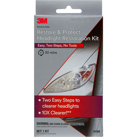 Picture of 3M Auto Restore and Protect Headlight Restoration Kit, Use On Plastic Lenses, Headlights, Taillight, Fog Lights and More, Includes Sanding Discs, Headlight Clear Coat Wipes, Foam Pad and Glove (39194)