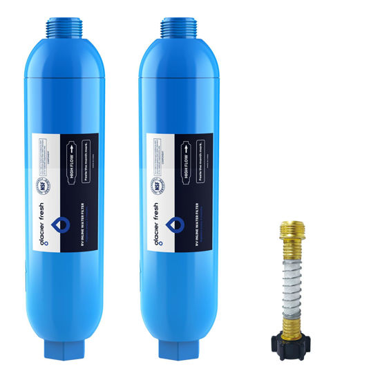 Picture of GLACIER FRESH RV/Marine Water Filter with 1 Flexible Hose Protector, Greatly Reduces Bad Taste, Odors, Chlorine and Sediment in Drinking Water, 2 Pack