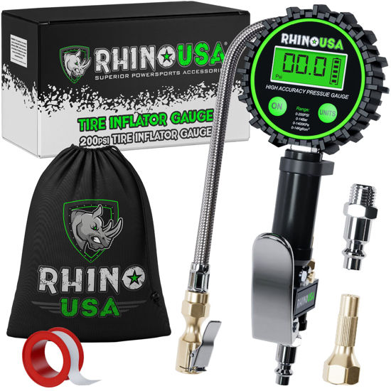 Picture of Rhino USA Digital Tire Inflator with Pressure Gauge (0-200 PSI) - ANSI B40.7 Accurate, Large 2" Easy Read Glow Dial, Premium Braided Hose, Solid Brass Hardware, Best for Any Car, Truck, Motorcycle, RV