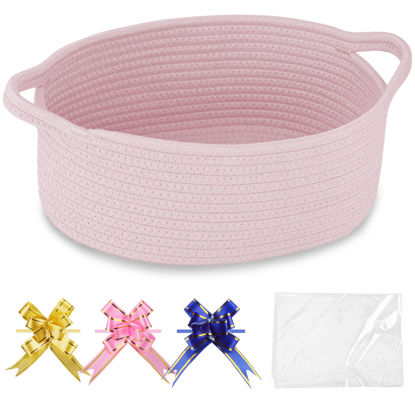 Picture of COMSE Small Woven Basket with Gift Bags and Ribbons, Gift Basket Empty, Basket for Gifts, Cotton Rope Basket for Storage, Baby Toy Basket with Handles, 12" x 8" x 5", Light pink