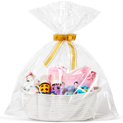 Picture of LANDNEOO Small Woven Basket with Gift Bags and Ribbons, Empty Decorative Gift Chest Box, Cute Baby Gift Basket for Nursery, Cotton Rope Room Shelf Storage Basket with Handles, 12"x 8"x 5",White