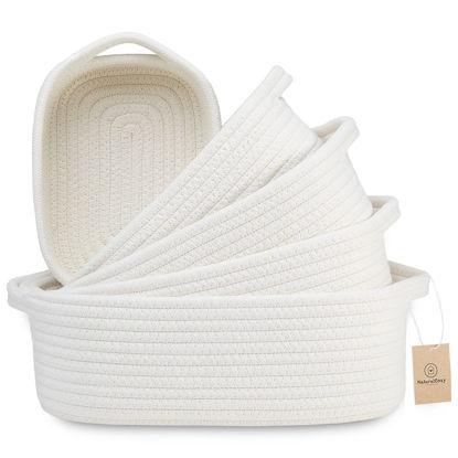 Picture of NaturalCozy 5-Piece Rectangle Storage Basket Set- Natural Cotton Rope Woven for Organizing! Small Basket for Montessori, Baby Nursery, Dog Toy Baskets, Cat Toy Box, Bathroom Organization Bin