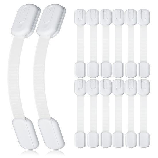 Picture of 4our Kiddies 14 Pack Baby Proof Cabinet Latches, Childproof Drawer Latches with 12 Extra 3M Adhesives, Adjustable No Drilling Child Safety Cabinet Locks Straps Baby Drawer Locks for Kids Baby Safety