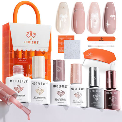 Picture of modelones Gel Nail Polish Kit with U V Light, 4 Colors Gel Mini Salon, Base&Top Coat and Stickers, Milky White Nude Pink Glitter Fall Manicure Set, DIY Home Nail Art Decoration Kit, Gift for Women