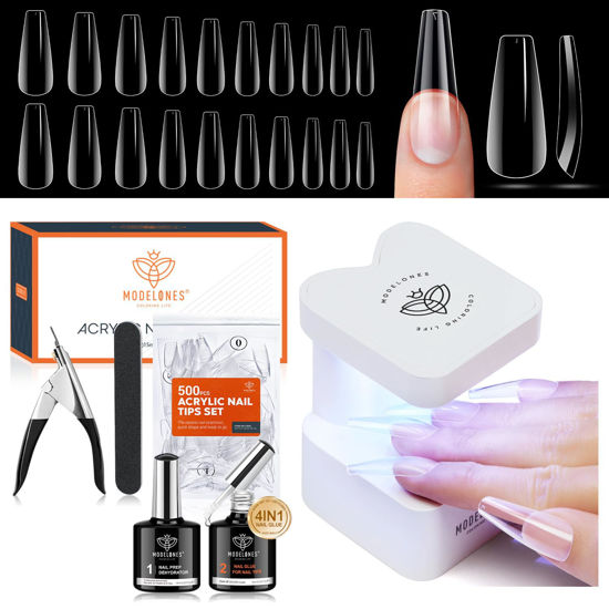 Picture of modelones Gel x Nail Kit, Nail Tips and Glue Gel Kit with Nail Glue Gel, 500Pcs Long Coffin Nail 10Sizes, Nail Dehydrator, Ultra-Portable LED Nail Lamp, Gel Nail Extension Kit Salon Gifts for Women