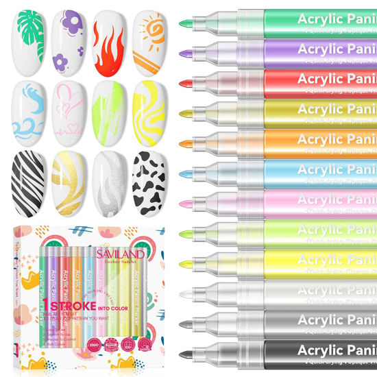 Picture of Saviland 12 Colors Nail Art Pens Set - 3D Nail Polish Pens Graffiti Nail Dotting Tools Acrylic Paint Pens Drawing Painting Point Liner Pen for Nails Art Design Manicure Nail Pens for Home & Salon DIY