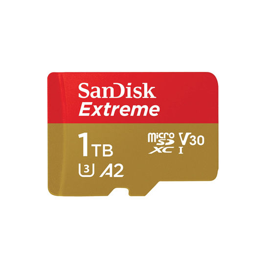 Picture of SanDisk 1TB Extreme microSDXC UHS-I Memory Card with Adapter - Up to 190MB/s, C10, U3, V30, 4K, 5K, A2, Micro SD Card- SDSQXAV-1T00-GN6MA, Gold/Red