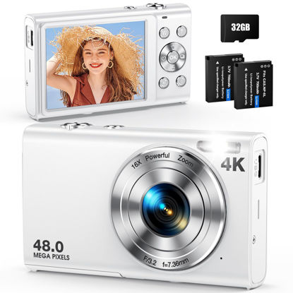 Picture of Digital Camera, Autofocus 48MP UHD 4K Vlogging Camera 16X Digital Zoom, Portable Compact Point and Shoot Digital Camera for Teens Adult Beginner with 32GB Card, 2 Batteries, Lanyard(White)