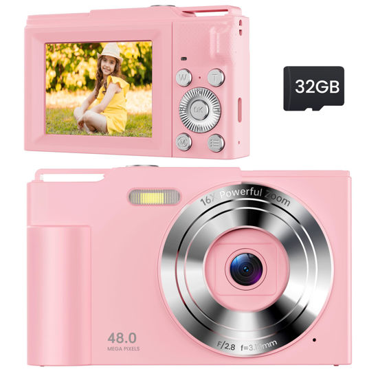 Picture of Digital Camera for Kids: FHD 1080P Camera - Video Cameras for Teens - 16X Zoom Shoot Camera for Girls - Compact Camera with 32GB TF Card for Photography - Anti Shake Mini Camera for Vlogging Pink