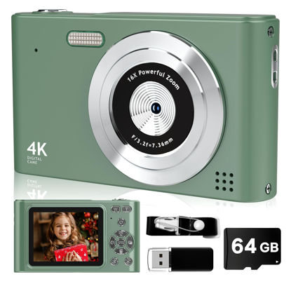 Picture of Digital Camera,FHD 1080P Camera with 64GB Card,44MP Digital Point and Shoot Kids Camera with Anti Shake 16X Zoom，Portable Small Camera Gift for Kid Girl Boy Teen (Green)