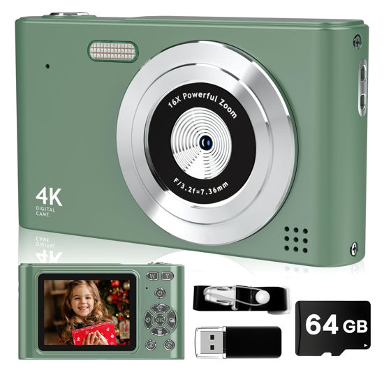 Picture of Digital Camera,FHD 1080P Camera with 64GB Card,44MP Digital Point and Shoot Kids Camera with Anti Shake 16X Zoom，Portable Small Camera Gift for Kid Girl Boy Teen (Green)