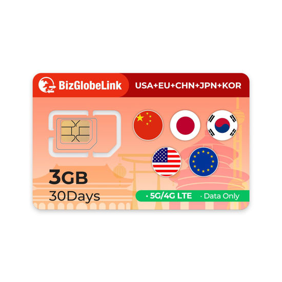 Picture of International Data SIM Card for Travel -USA & Europe & China & Japan & Korea 5G/4G/LTE Coverage - No Contract, Easy Management, 3 in 1 SIM Data only No Phone Number