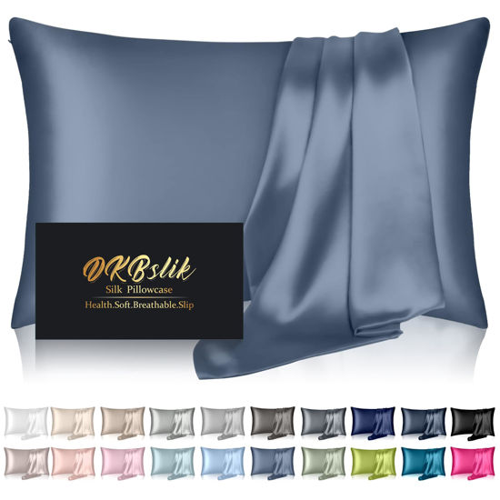 Picture of Silk Pillowcase for Hair and Skin, Mulberry Silk Pillow Cases Standard Size, Anti Acne Cooling Sleep Both Sides Natural Silk Satin Pillow Covers with Hidden Zipper, Gifts for Women Men, Ash Blue