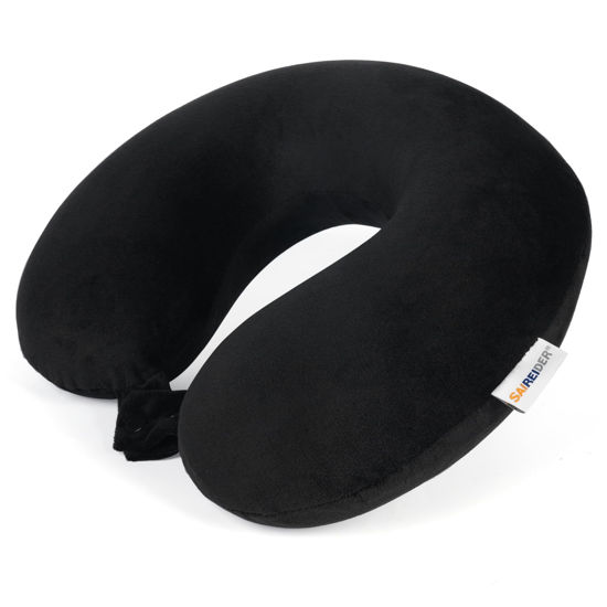 Picture of SAIREIDER Travel Pillow 100% Pure Memory Foam Travel Neck Pillow, Airplane Pillow for Traveling、Car、Home、Office，Washable Cover（Black）