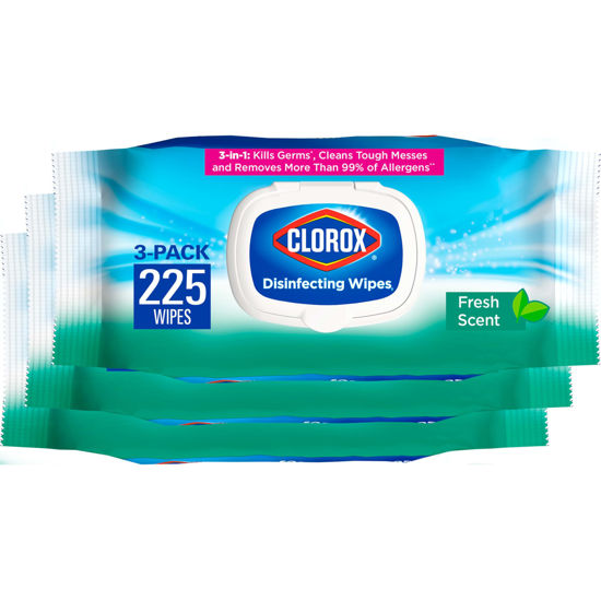 Picture of Clorox Disinfecting Wipes, Bleach Free Cleaning Wipes, Household Essentials, Fresh Scent, Moisture Seal Lid, 75 Wipes, Pack of 3 (New Packaging)