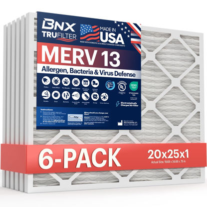 Picture of BNX TruFilter 20x25x1 Air Filter MERV 13 (6-Pack) - MADE IN USA - Electrostatic Pleated Air Conditioner HVAC AC Furnace Filters for Allergies, Pollen, Mold, Bacteria, Smoke, Allergen, MPR 1900 FPR 10