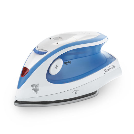 Picture of Sunbeam Hot-2-Trot Travel Steam Iron, 800 Watt Dual Voltage 120/240, Compact Size, Portable, Non-Stick Soleplate, Soft Touch Handle, Horizontal or Vertical Use, White and Blue