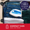 Picture of Sunbeam Hot-2-Trot Travel Steam Iron, 800 Watt Dual Voltage 120/240, Compact Size, Portable, Non-Stick Soleplate, Soft Touch Handle, Horizontal or Vertical Use, White and Blue