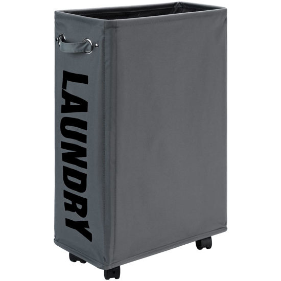 Picture of DOKEHOM 25-Inches Slim Laundry Basket on Wheels, Collapsible Rolling Laundry Hamper, Foldable Narrow Corner Clothes Storage Bins (Dark Grey)