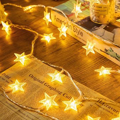 Picture of Minetom Star String Lights Battery Operated - 17 ft 50 LED Star Fairy String Lights with Timer, Waterproof for Indoor Bedroom Tent Loft Bed Patio Party Wedding Decor, Warm White