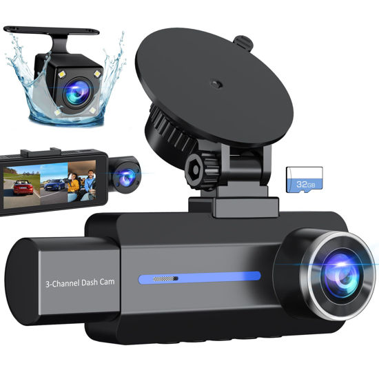 Picture of 3 Channel 2.5K Dash Cam Front and Rear, 1440P Dash Camera for Cars, Triple Car Camera with 32GB Card, G-Sensor, 3.16” IPS Screen, 24Hr Parking, 170°Wide Angle, Loop Recording, IR Night Vision, Blue