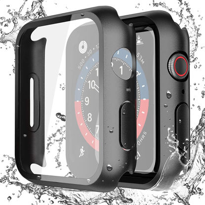 Picture of Misxi [2 Pack] Waterproof Black Hard Case with Tempered Glass Compatible with Apple Watch SE 2 (2024) SE Series 6 Series 5 Series 4 44mm, Ultra-Thin Protective Cover for iWatch Screen Protector